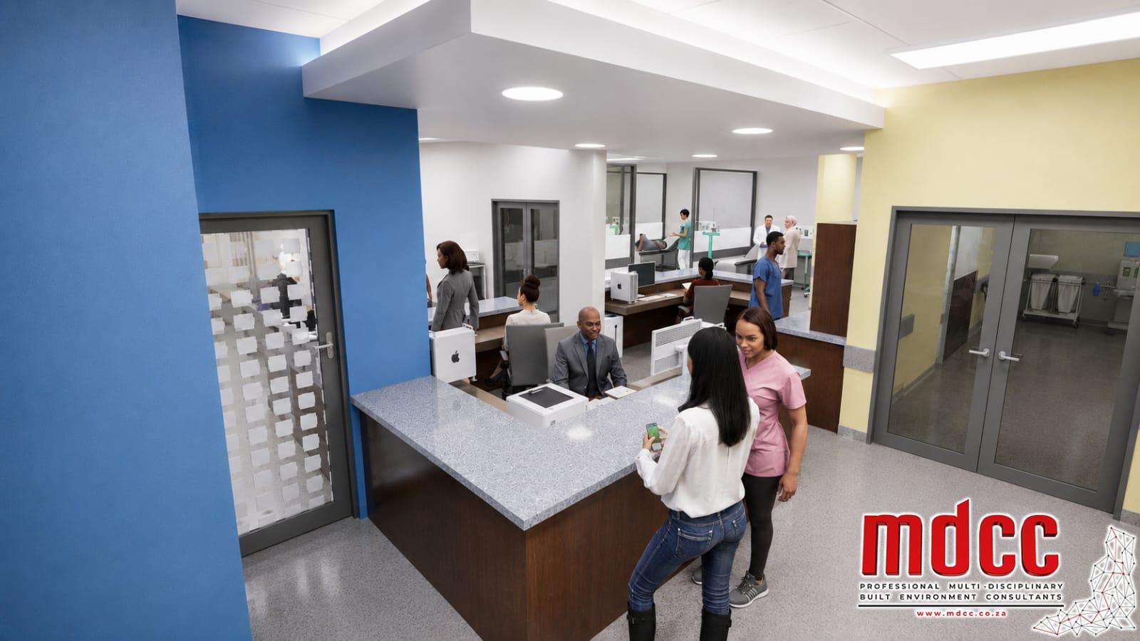 Render of a reception and nurses' station counter with staff and patients