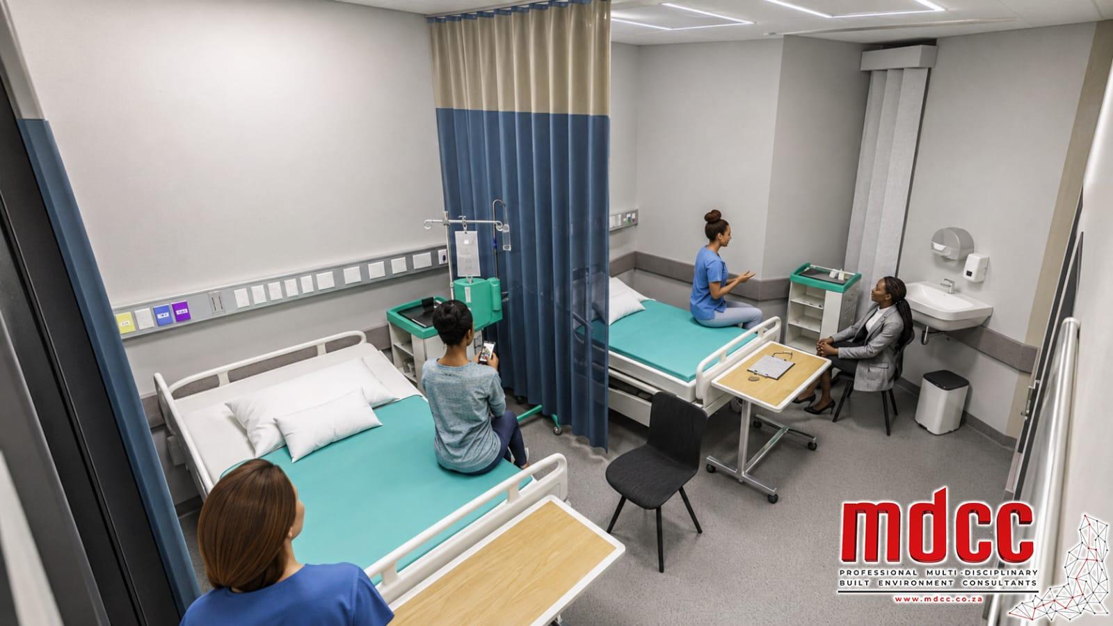 Render of a shared ward room with two beds separated by a curtain