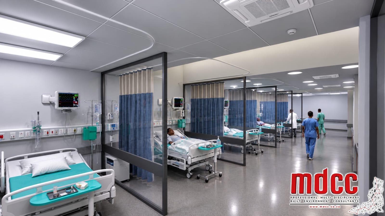 Render of curtained day ward bays with beds and monitoring equipment