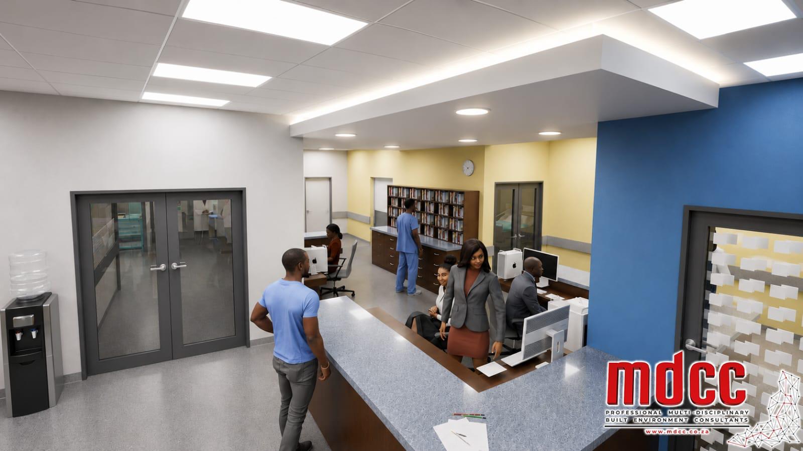 Render of a staffed counter with records shelving behind it