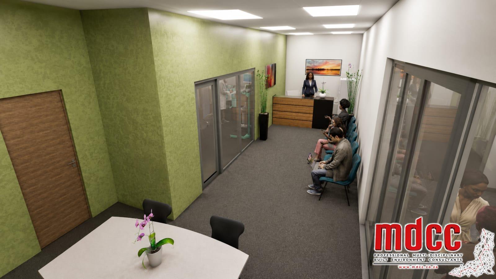 Render of a consulting suite reception counter with seating alongside