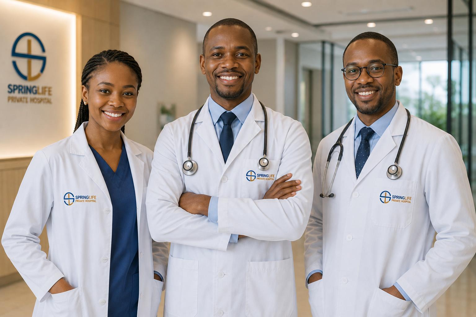 Three clinicians in Spring Life Private Hospital coats