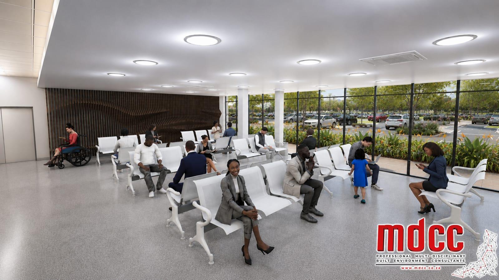 Render of a waiting area with seating along a glazed wall onto the parking area