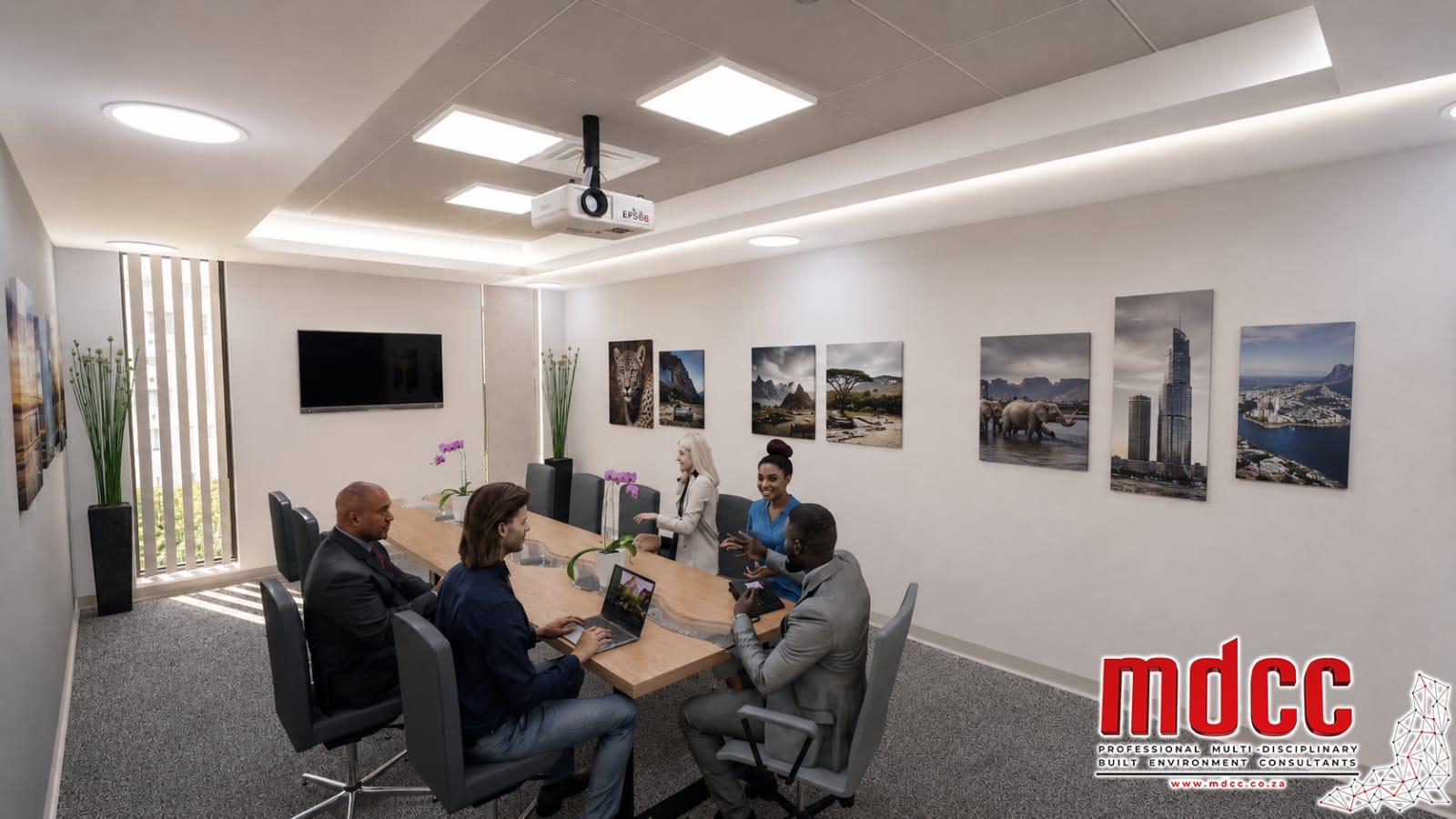 Render of the boardroom with a meeting table, screen and projector