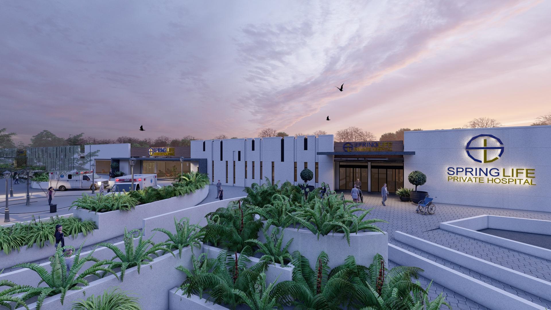 Render of the main entrance and forecourt at dusk