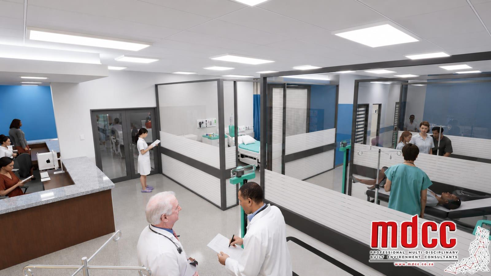 Render of treatment bays with beds, curtains and monitoring equipment