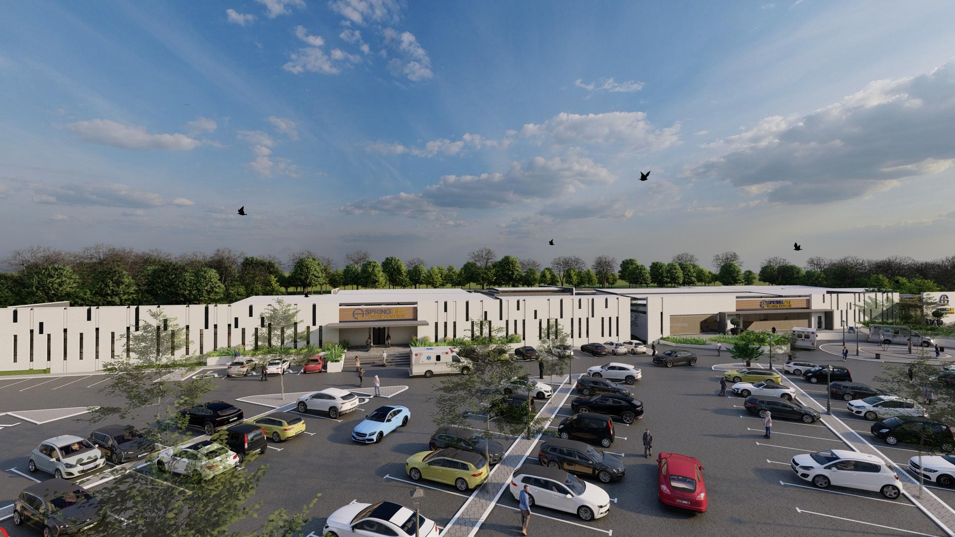 Render of Spring Life Private Hospital seen from the north-west, showing the full length of the facade and the parking areas