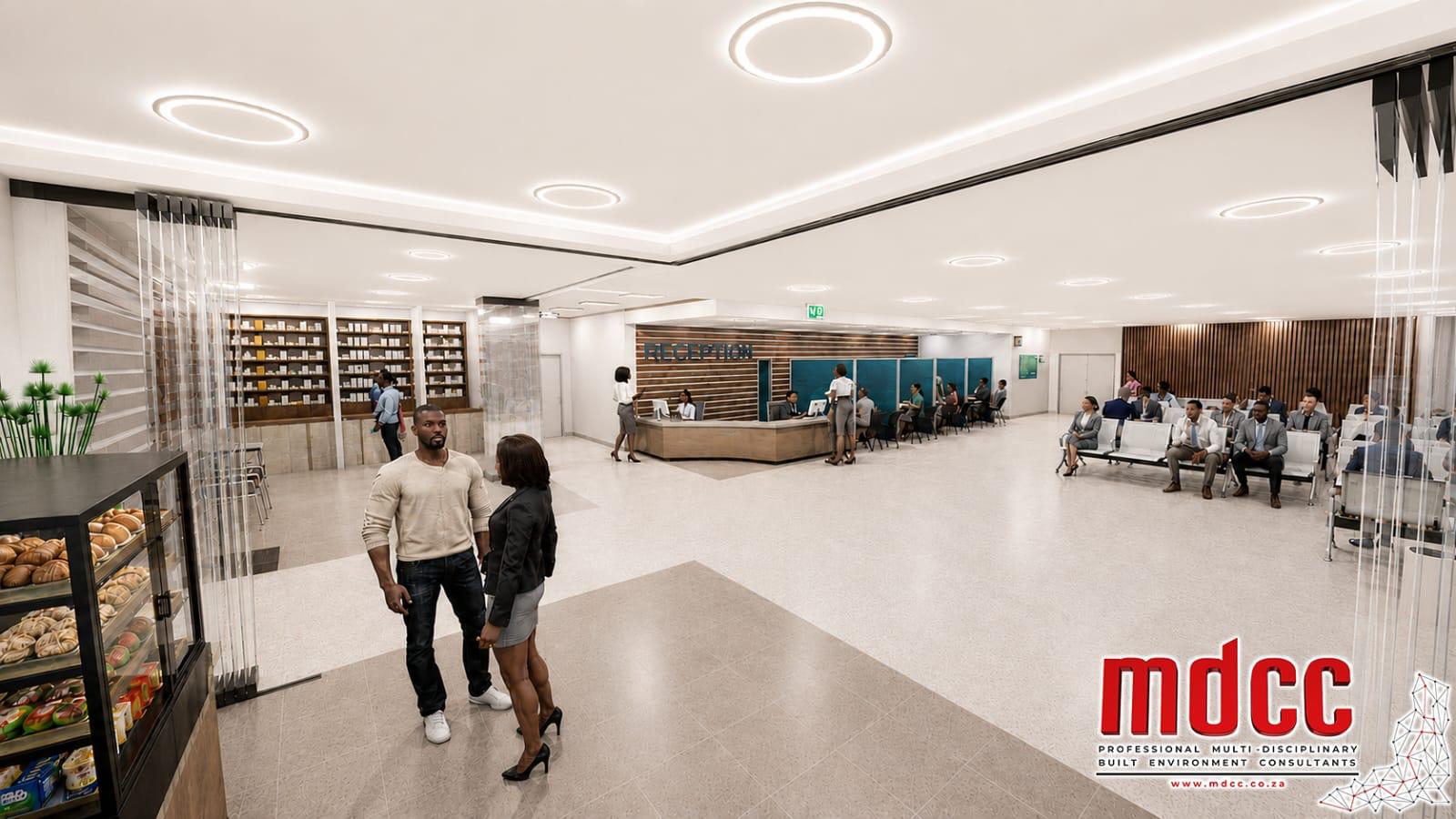 Render of the main lobby looking towards reception, with the pharmacy and cafeteria off it