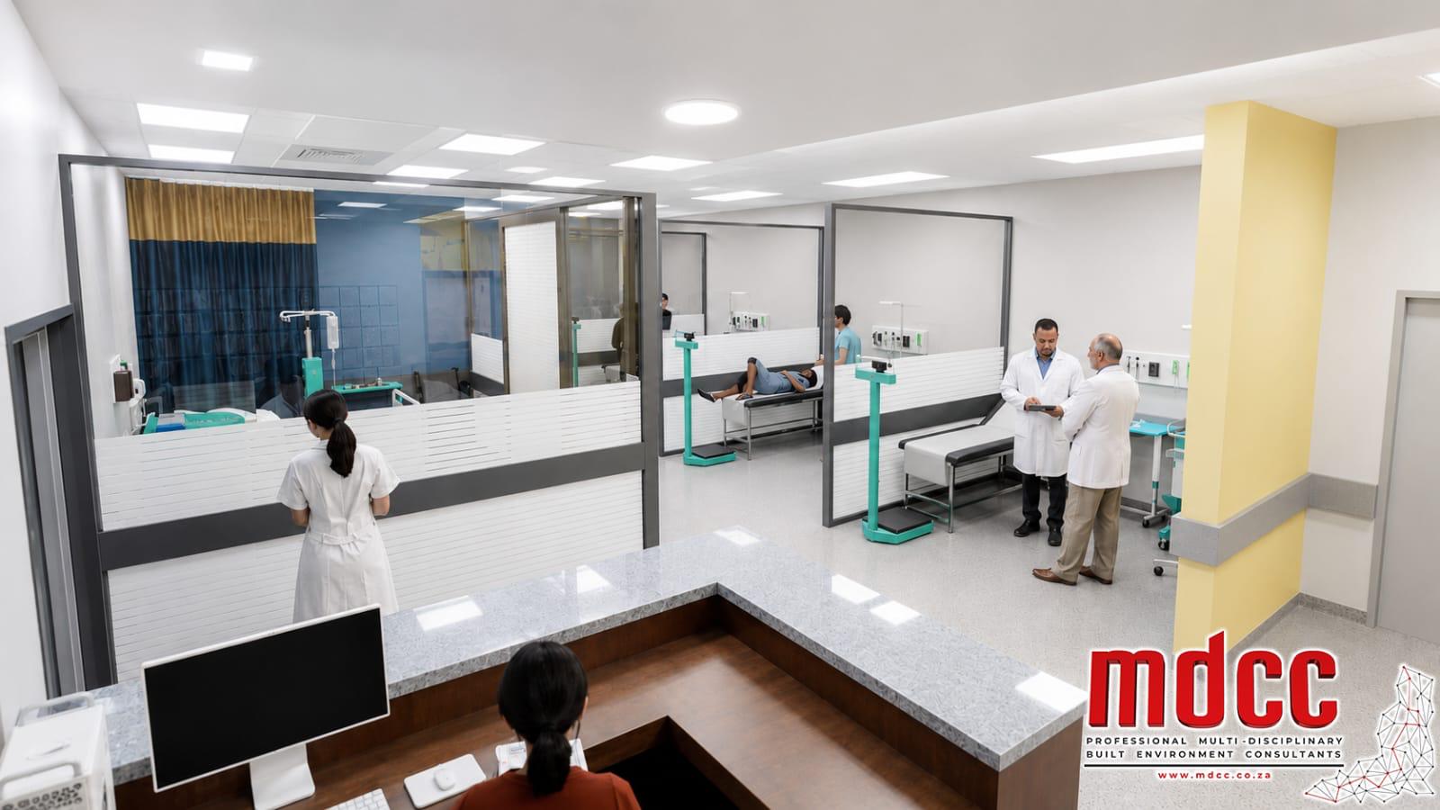 Render of examination bays with screens, beds and a staffed counter