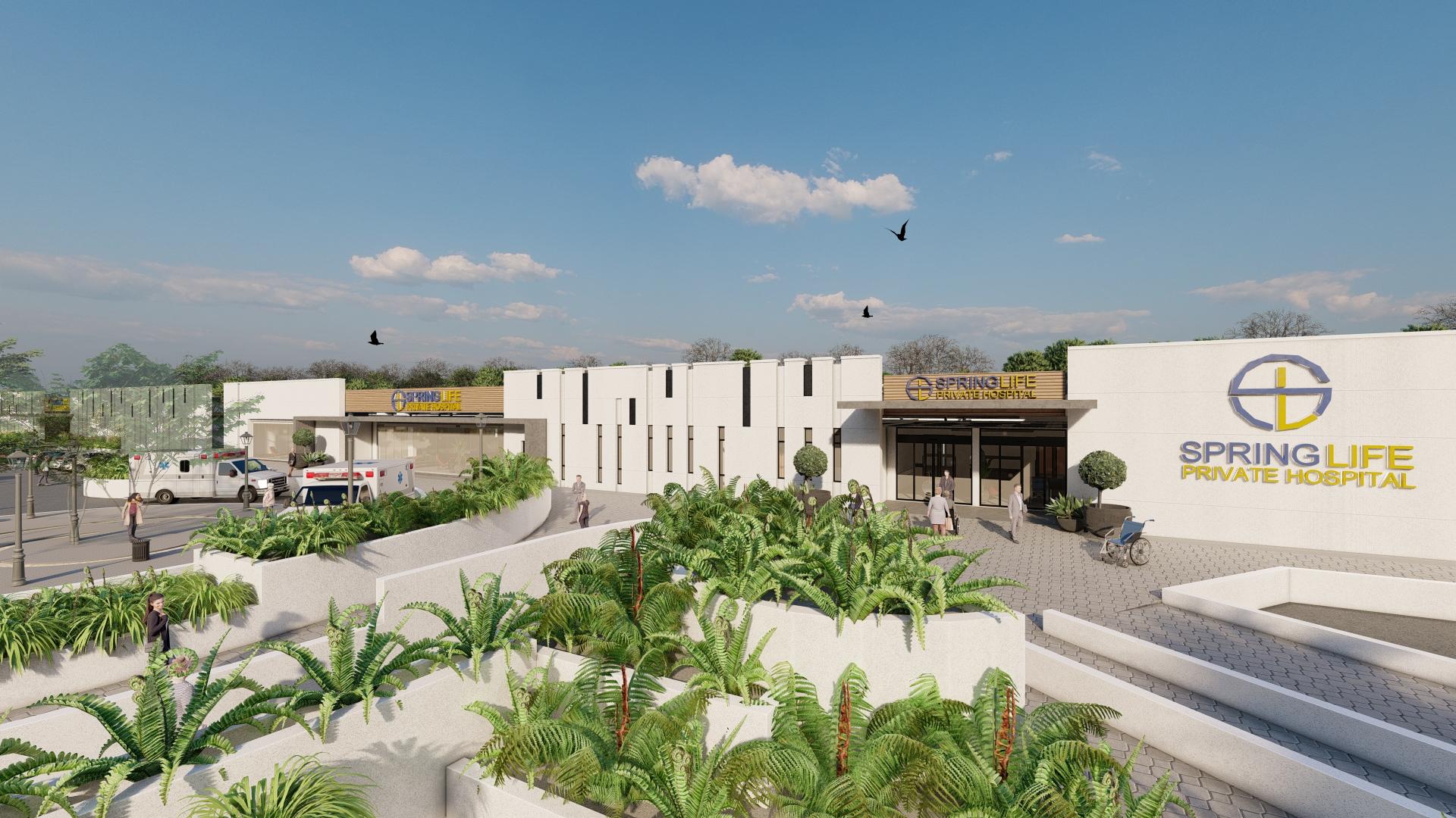 Render of the main entrance of Spring Life Private Hospital
