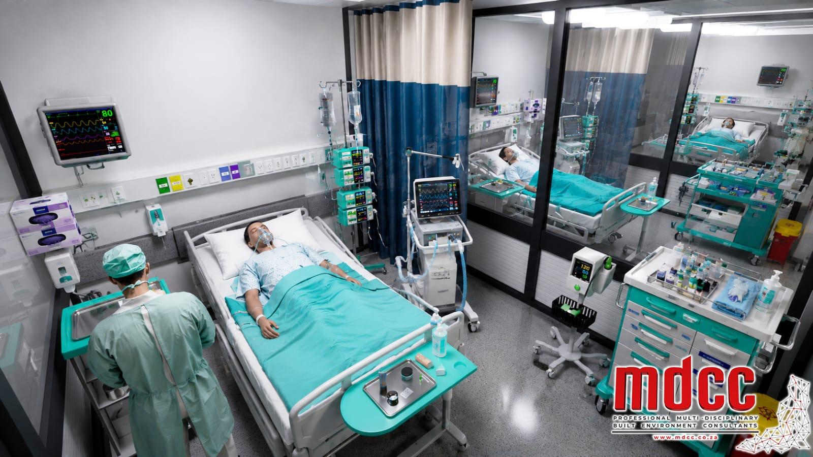 Render of an intensive care bed with a ventilator, monitors and glazed partitions