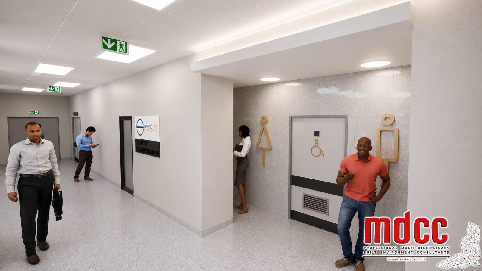 Render of the hospital administration foyer with signage and public bathrooms