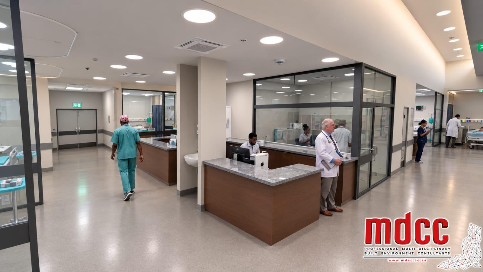 Render of a nurses' station between glazed patient rooms
