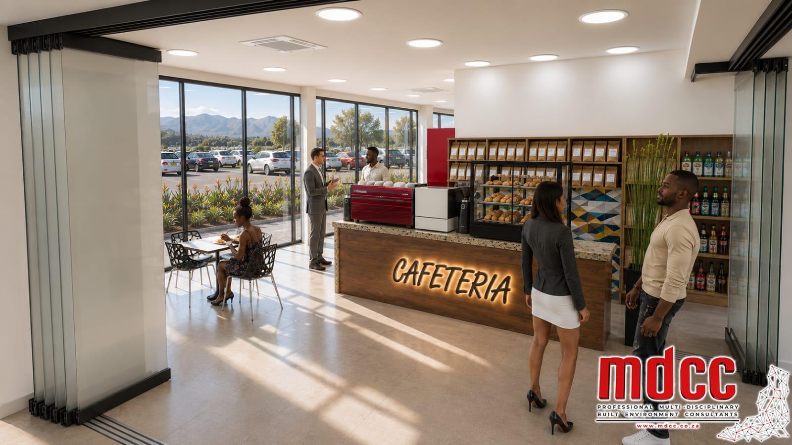 Render of the cafeteria counter with seating and a view onto the parking area