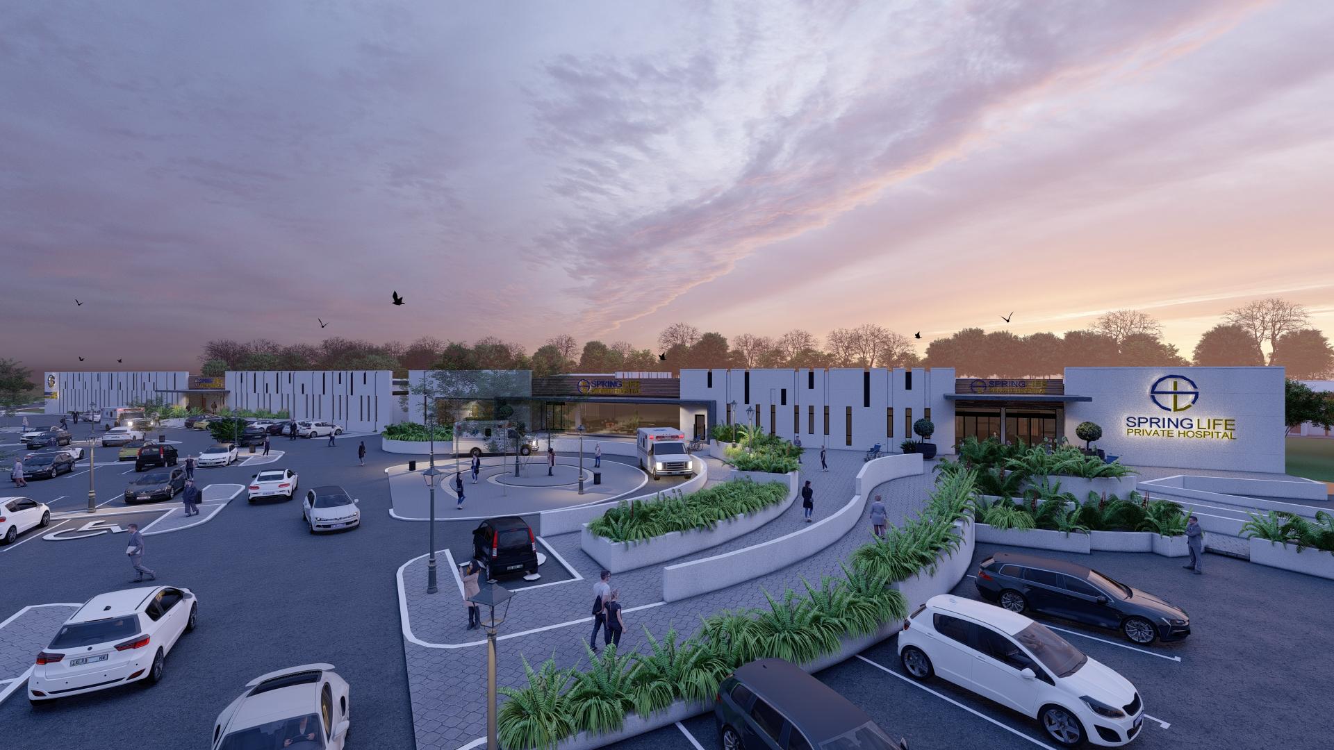 Exterior render of Spring Life Private Hospital at dusk