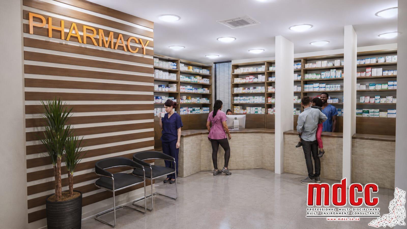 Render of the pharmacy counter with dispensing shelves and seating