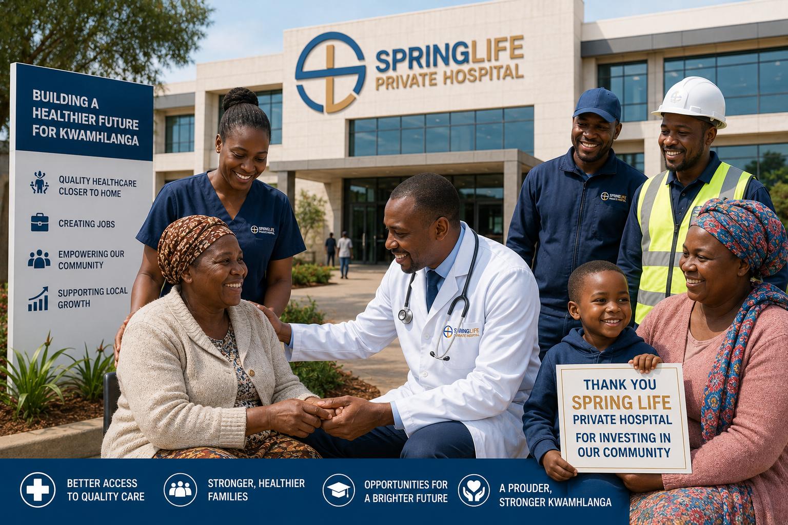 Artist's impression of Spring Life Private Hospital with community members and project staff outside the hospital
