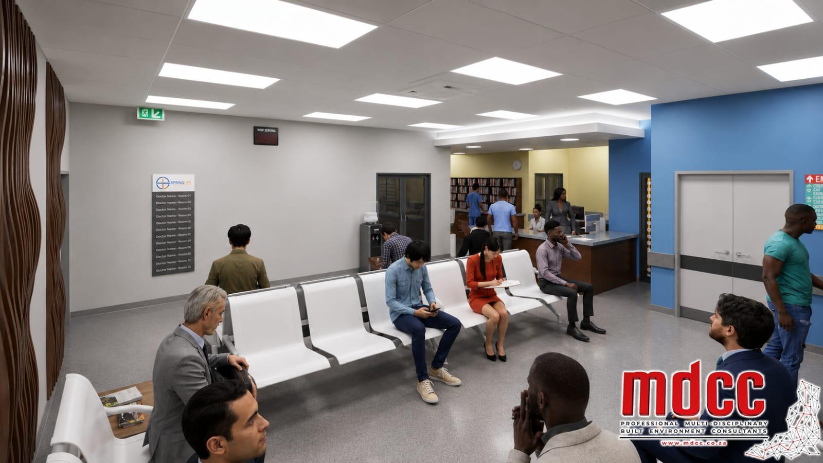 Render of an outpatient waiting area with a consulting room directory board
