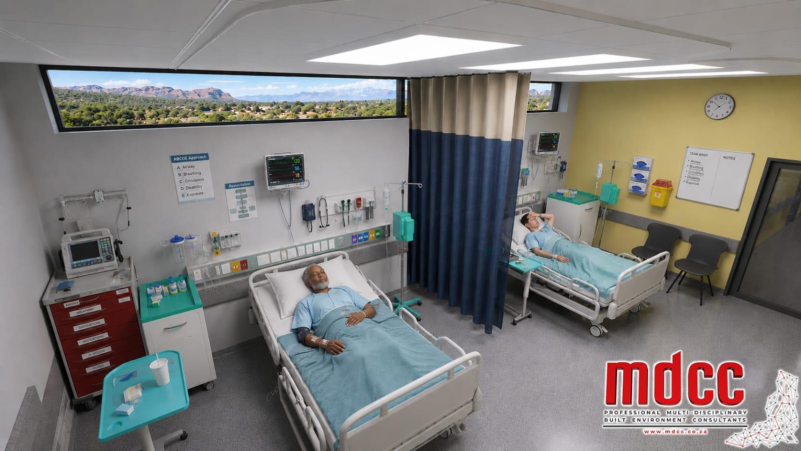 Render of a two-bed ward room with monitoring equipment and a window onto the surrounding landscape