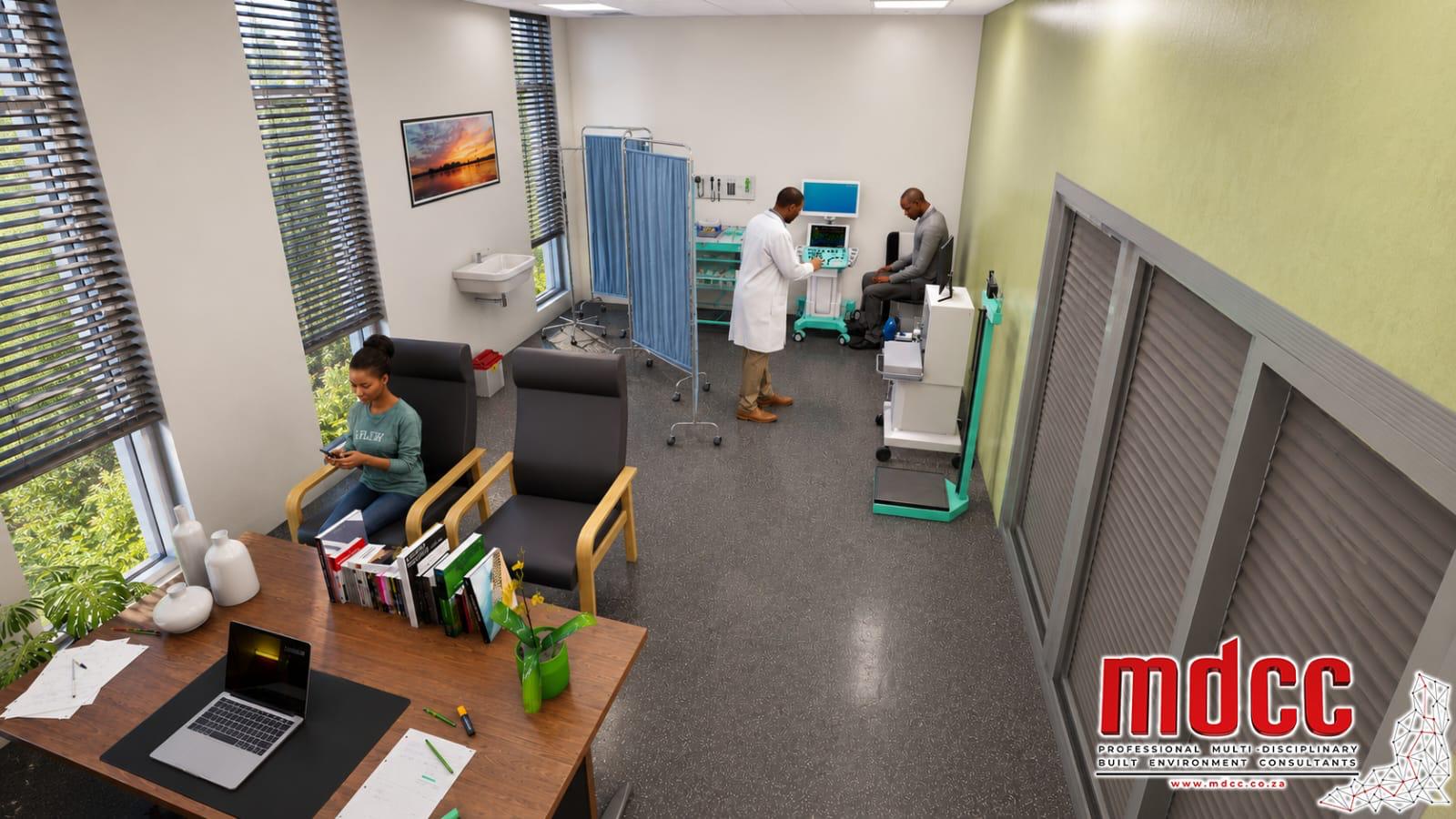 Render of a consulting room with a desk, examination couch, screen and monitoring equipment
