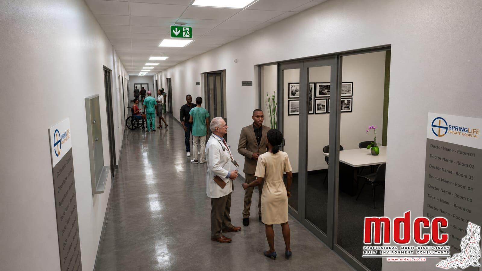 Render of the consulting room corridor with directory boards and staff
