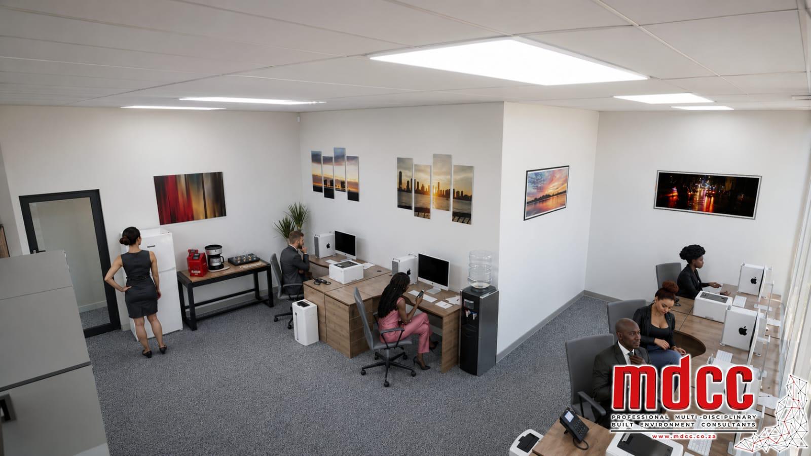 Render of an open plan administration office with desks and workstations