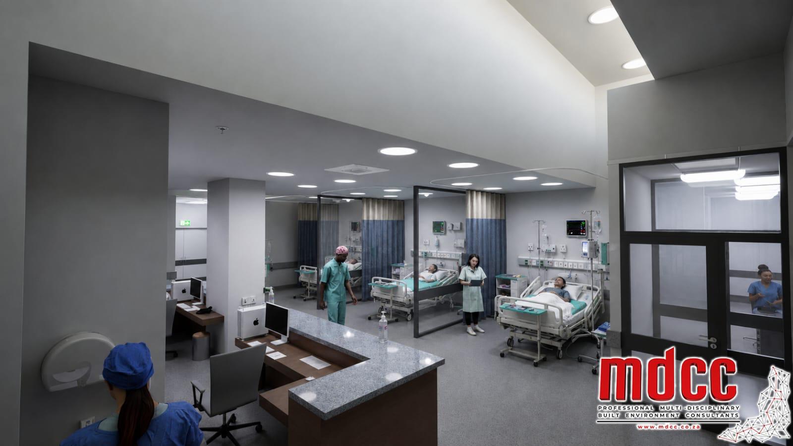 Render of a high care area with monitored beds around a central staff counter