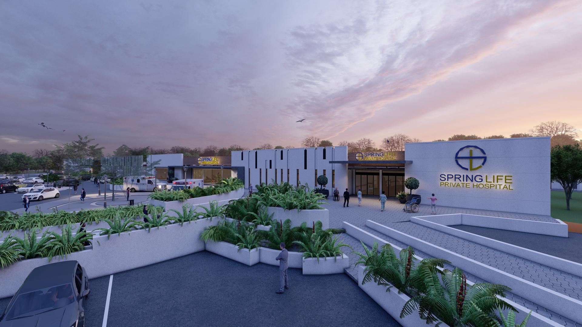 Render of the entrance forecourt and planted terraces at dusk