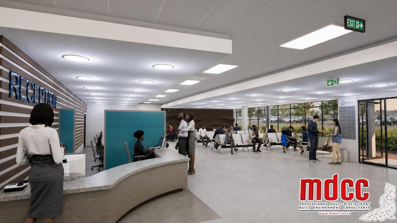 Render of the reception counter with the adjoining waiting area and glazed frontage