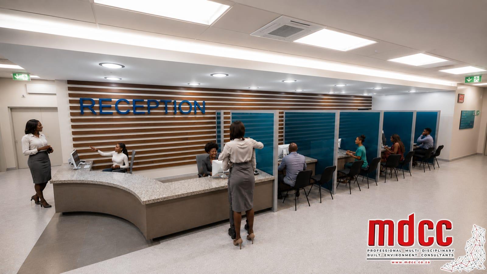 Render of the main reception counter with staff and admission booths