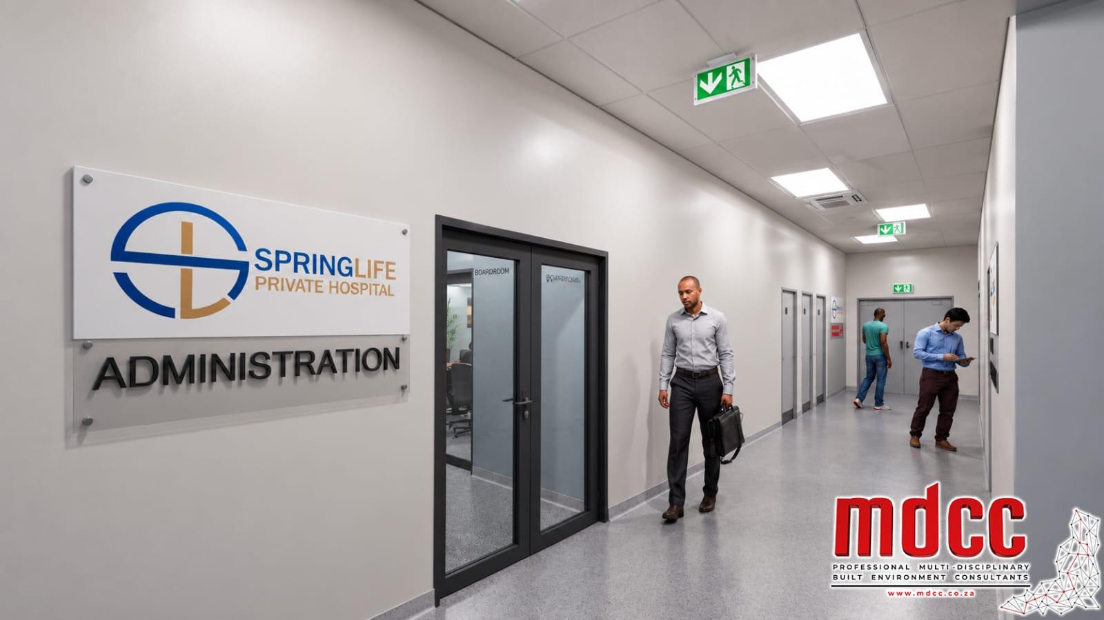 Render of the administration corridor with signage and boardroom doors