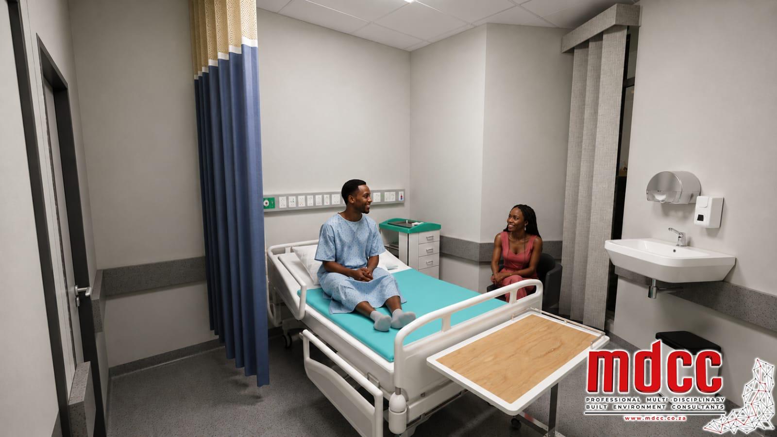 Render of a single bed ward room with a curtain track, wall services and a visitor chair